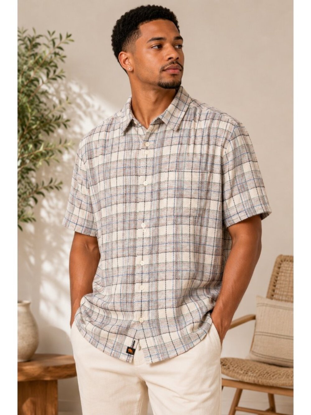 The Normal Brand Plaid Herringbone Short Sleeve Button Up Shirt Mens Large
